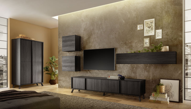 soggiorno completo con parete moderna base tv pensili e credenza in legno nero frassinato
