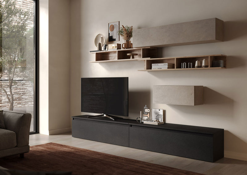 Tabora - Parete zona living moderna con mobile porta tv pensili e libreria - vari colori