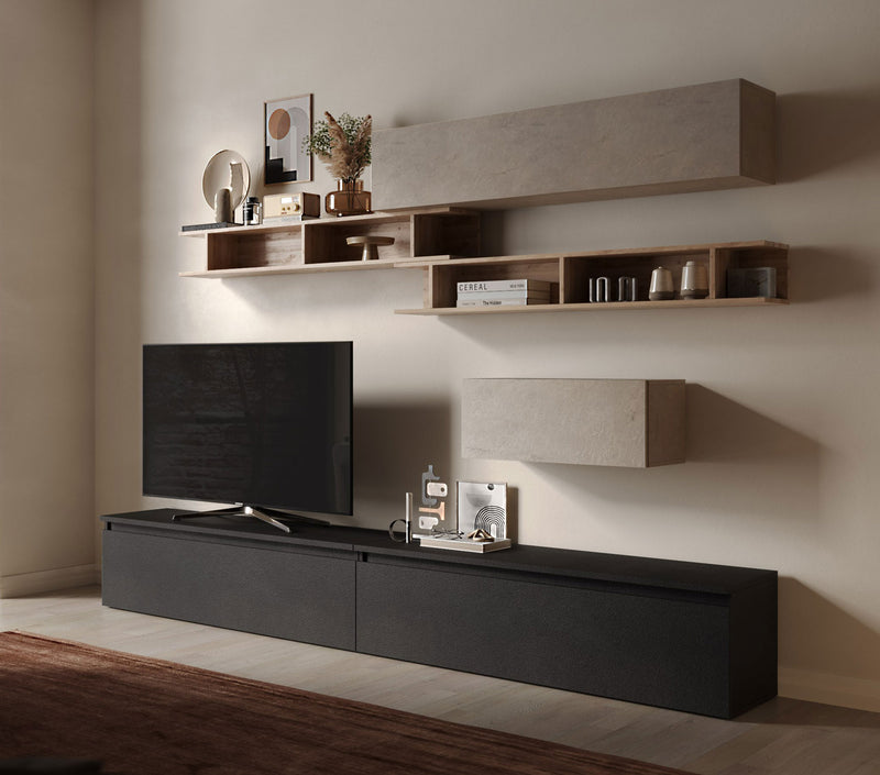 parete moderna soggiorno con mobile tv basso pensili e mensole libreria colore rovere argilla e lava