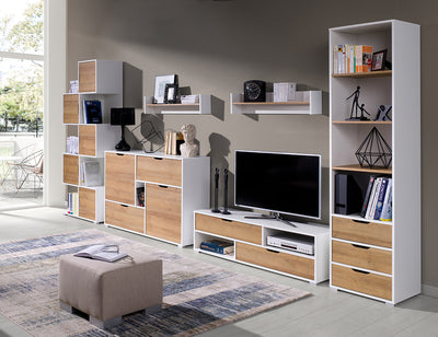 Egabel  - Porta tv basso in legno con cassetti e vani bianco e naturale cm 135x40x40h