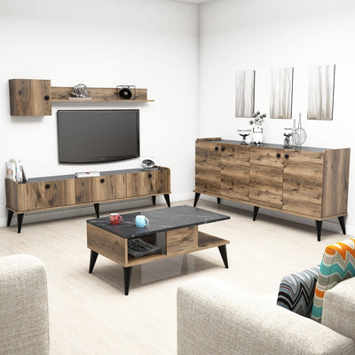 Set completo di mobili da soggiorno con tavolino basso mobile porta tv madia e mensola. Si fondono lo stile industrial con quello moderno. Numerose ante