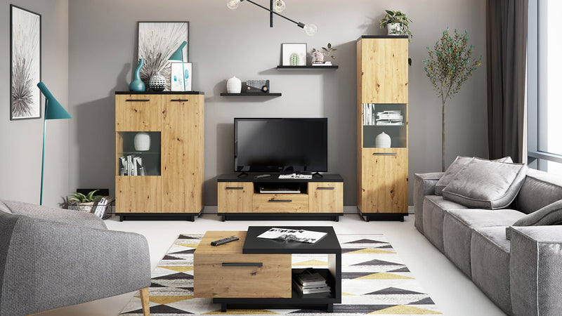 Amodia - Mobile a colonna con vetrinetta stile industrial in legno naturale e nero cm 50x40x200h