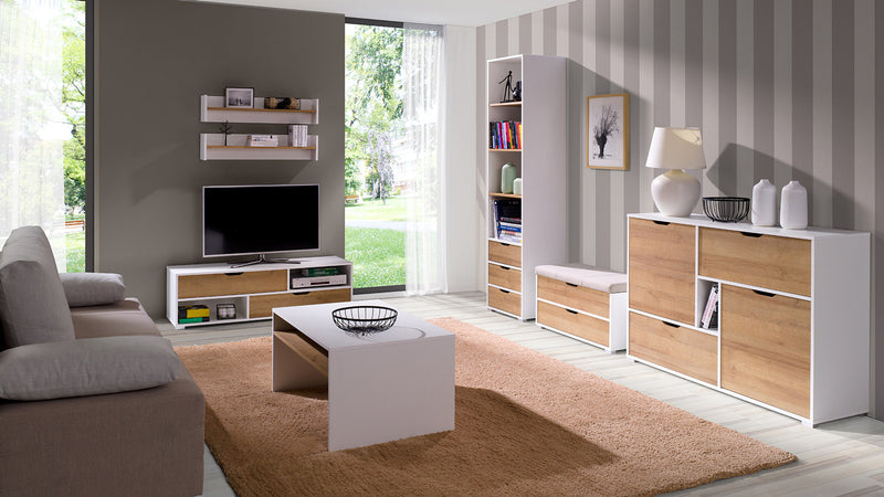 Fabris - Panca contenitore con cassetto in legno bianco e naturale cm 84x41x45h