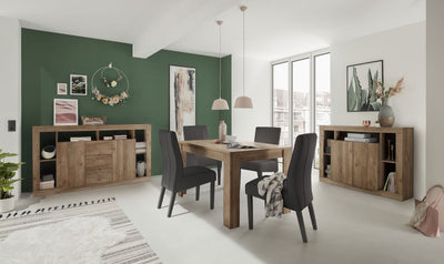 soggiorno completo moderno con madie e tavolo allungabile colore rovere