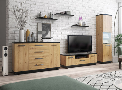 soggiorno completo stile industriale con credenza vetrina e mobile tv in legno naturale e nero