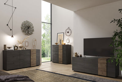 soggiorno completo moderno con porta tv e madie grigio e rovere scuro