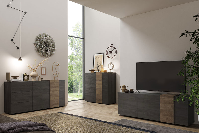 soggiorno completo moderno con porta tv e madie grigio e rovere scuro