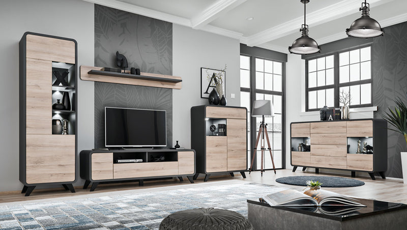 Acrisio - Mobile basso porta tv con ante cassetto e vani centrali cm 160x45x52h