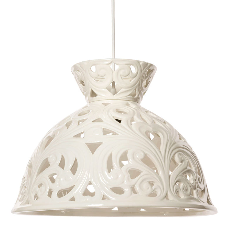 Lampada a sospensione traforata grande in ceramica colore bianco cm 40x40x28h