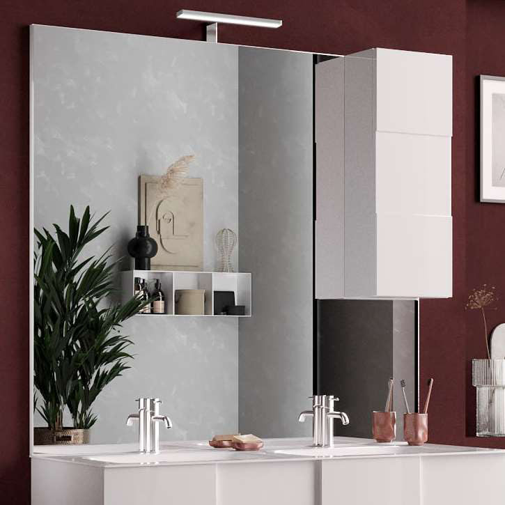 specchiera rettangolare da bagno con pensile verticale in legno bianco lucido e luce a led