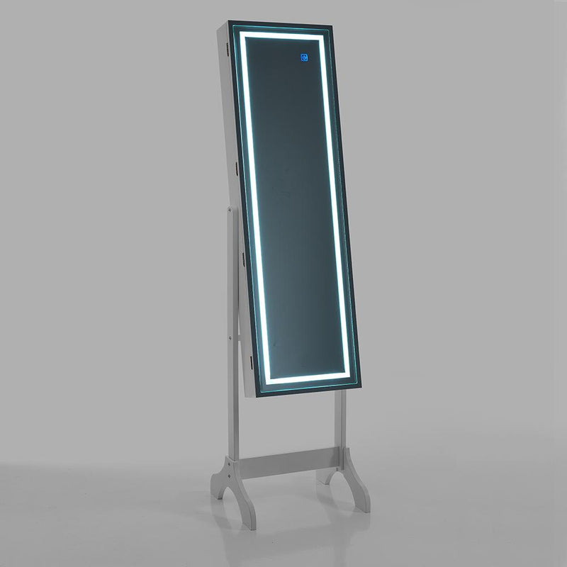 Specchiera in legno con base di appoggio colore bianco luce led vano contenitore cm 41x40x160h