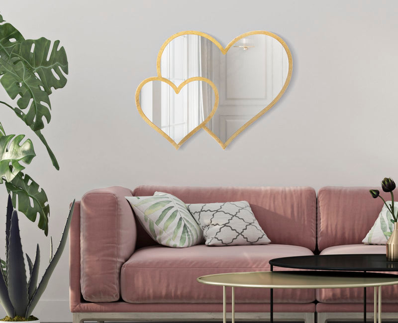 Specchio da parete con cornice due cuori in metallo oro anticato cm 65x2x50h