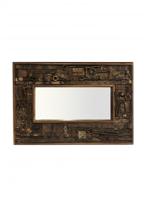 Specchio da parete stile industriale in metallo e legno cm 80x4x54h