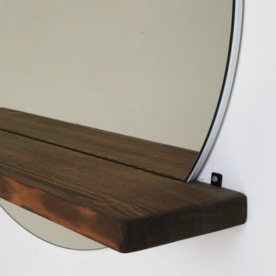 Specchio rotondo decorativo da parete con mensola in legno massello cm 70x15x70h