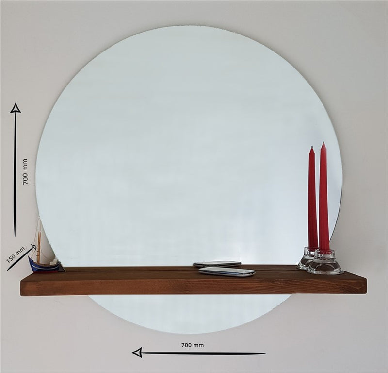 Specchio rotondo decorativo da parete con mensola in legno massello cm 70x15x70h