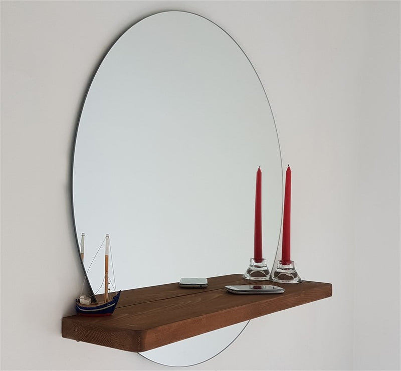 Specchio decorativo da muro moderno rotondo con mensola inclusa in legno massello color noce. Dimensioni cm 70x15x70h