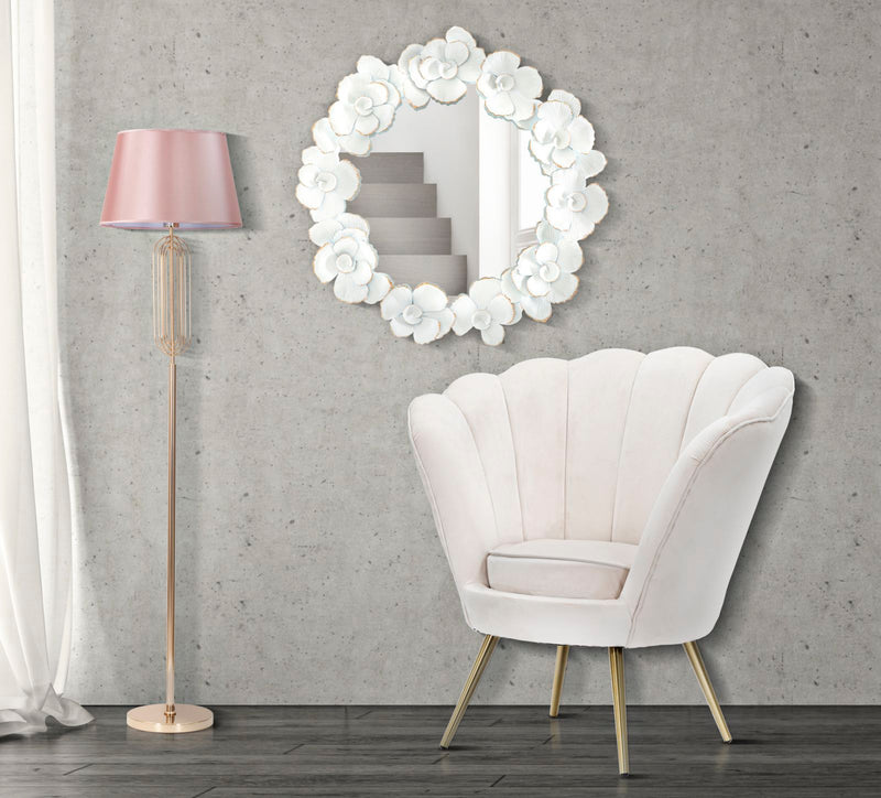 Specchio da parete rotondo cornice in metallo con fiori bianco e oro cm 82x2x85h