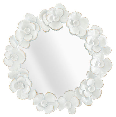 Specchio da parete rotondo cornice in metallo con fiori bianco e oro cm 82x2x85h