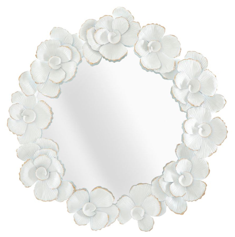 Specchio da parete rotondo cornice in metallo con fiori bianco e oro cm 82x2x85h