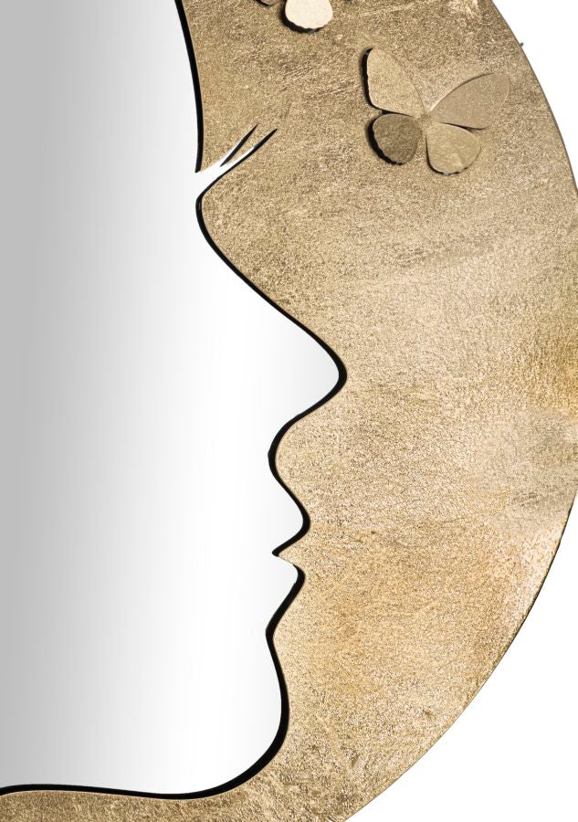 Specchio da parete profilo di donna in metallo dorato con farfalle cm Ø 80x2