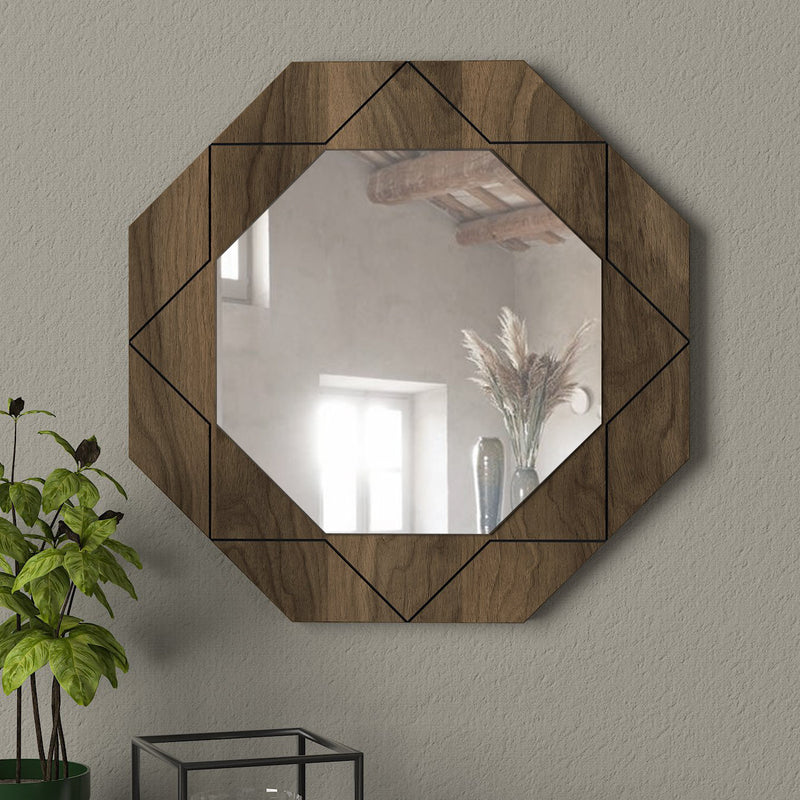 Specchio esagonale moderno in legno colore noce scuro opaco da muro