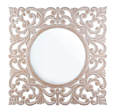 Specchio quadrato classico cornice in legno intarsiato finitura naturale cm 90x1x90h