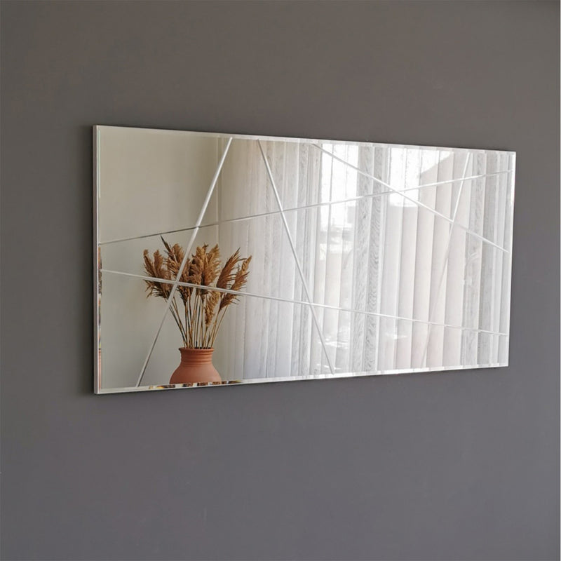 Specchio moderno argento da parete con incisioni geometriche cm 130x2x62h