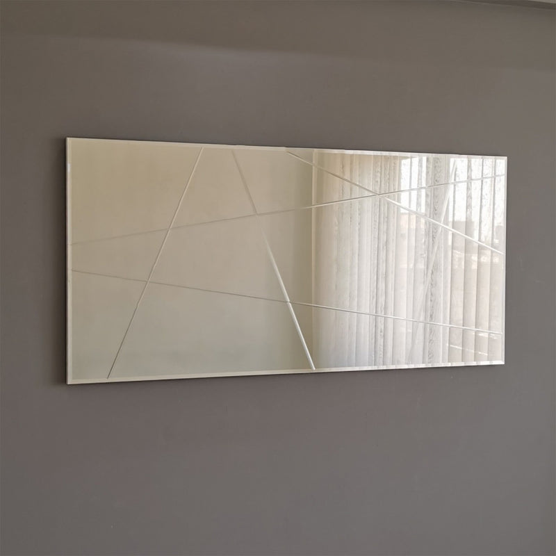 Specchio moderno argento da parete con incisioni geometriche cm 130x2x62h