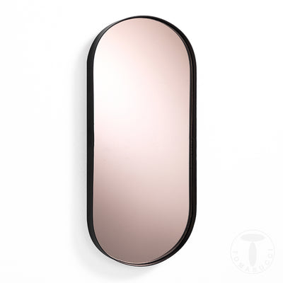Specchio ovale moderno da parete colorato rosa cornice in acciaio nero cm 25x3x55h