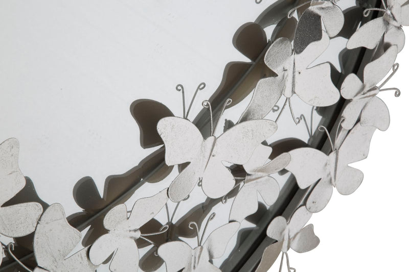 Specchio tondo da parete cornice in metallo colore argento con farfalle cm 91x3x94h