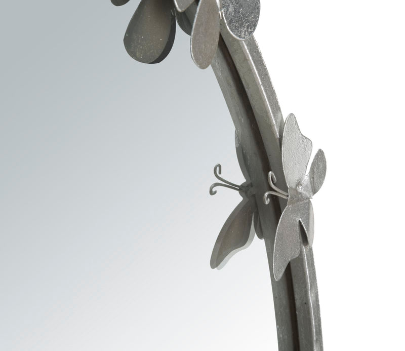 Specchio tondo da parete cornice in metallo colore argento con farfalle cm 91x3x94h