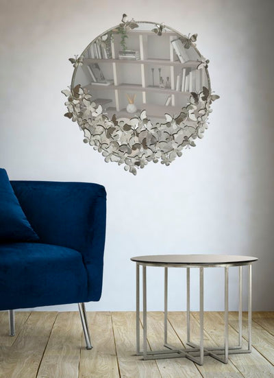 Specchio tondo da parete cornice in metallo colore argento con farfalle cm 91x3x94h
