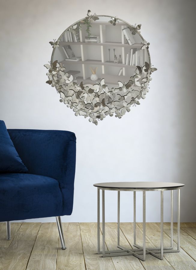 Specchio tondo da parete cornice in metallo colore argento con farfalle cm 91x3x94h