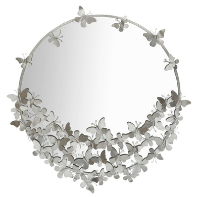 Specchio tondo da parete cornice in metallo colore argento con farfalle cm 91x3x94h