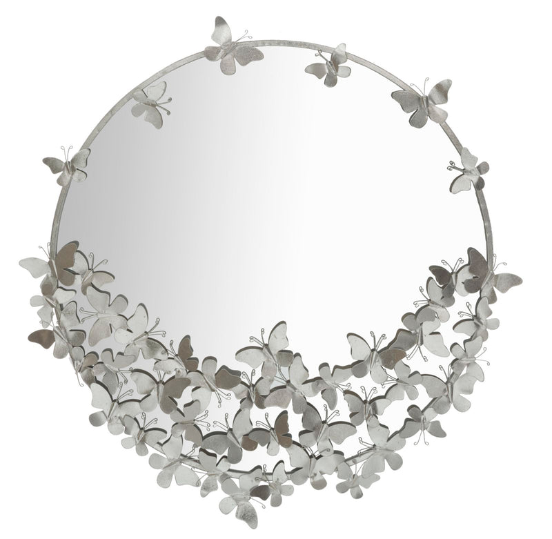 Specchio tondo da parete cornice in metallo colore argento con farfalle cm 91x3x94h