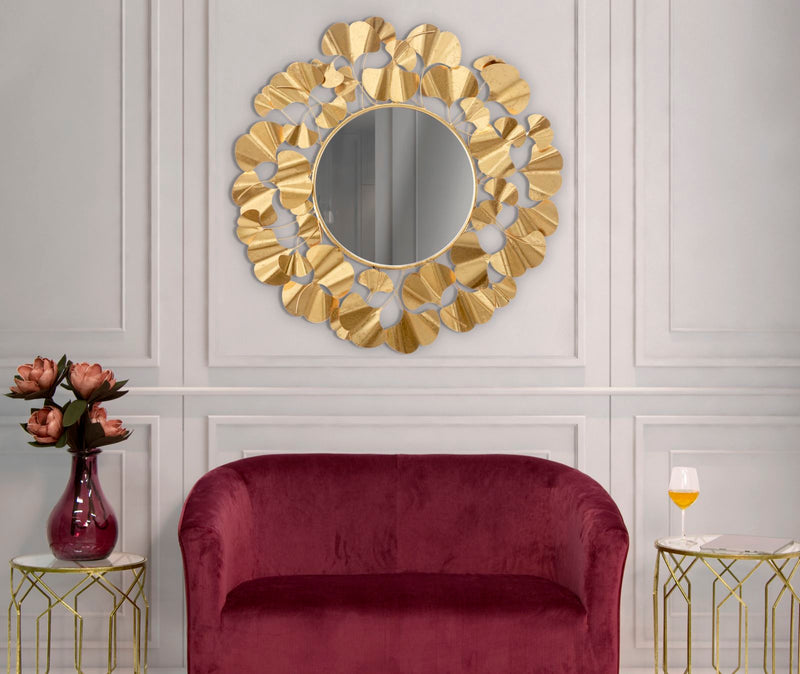 Specchio da parete rotondo cornice con foglioline in metallo dorato cm Ø 81x2