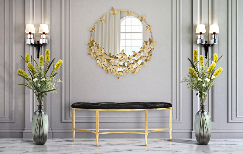 Specchio design da ingresso tondo cornice in metallo dorato con farfalline cm 91x3x94h