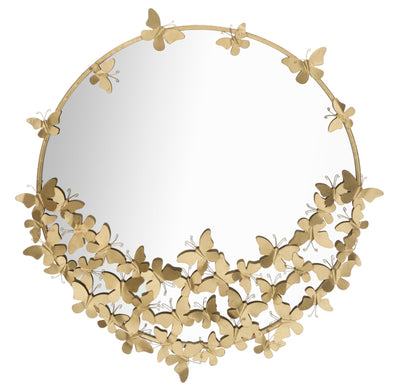 Specchio design da ingresso tondo cornice in metallo dorato con farfalline cm 91x3x94h