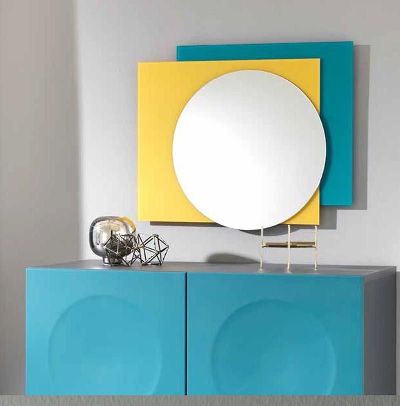 Specchio moderno da parete inserti in vetro satinato giallo e blu cm 57x2x70h