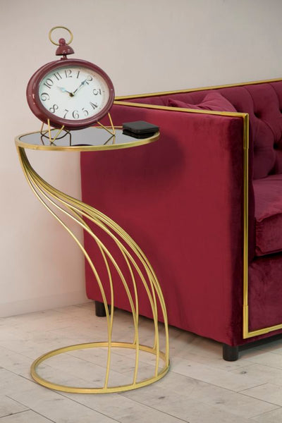 Tavolino design porta telefono struttura in metallo colore oro piano in vetro nero cm Ø 43x73h