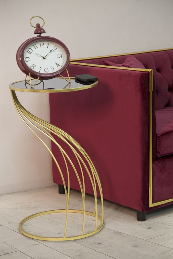 Tavolino design porta telefono struttura in metallo colore oro piano in vetro nero cm Ø 43x73h