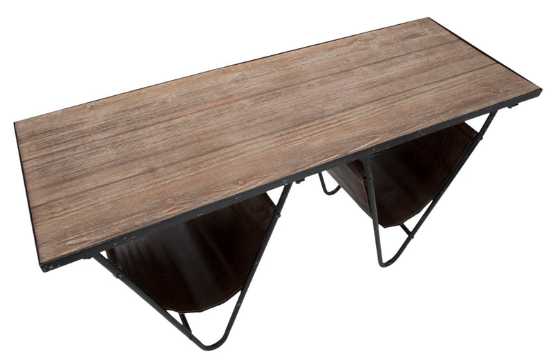 tavolino portariviste industrial in legno e ecopelle
