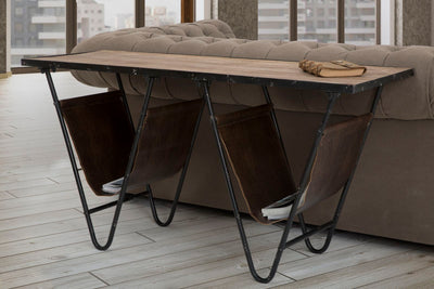 tavolino portariviste industrial in legno e ecopelle