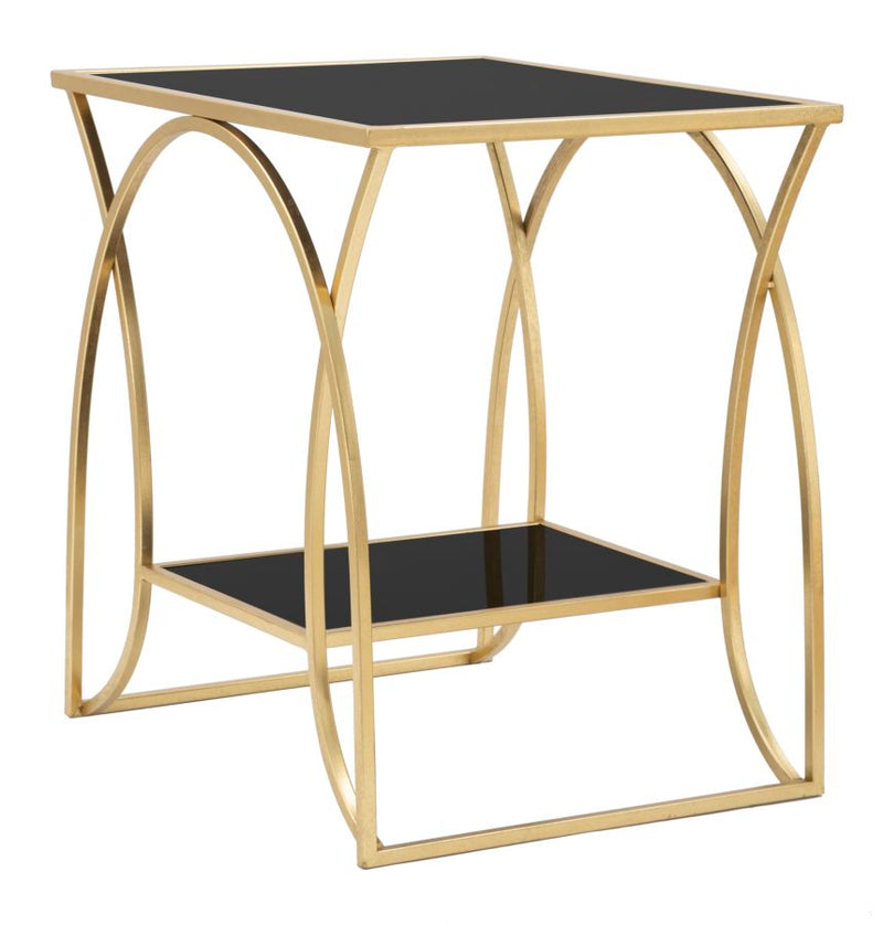 Tavolino da salotto basso design in metallo colore oro piano e ripiano in vetro nero cm 57x46x60h