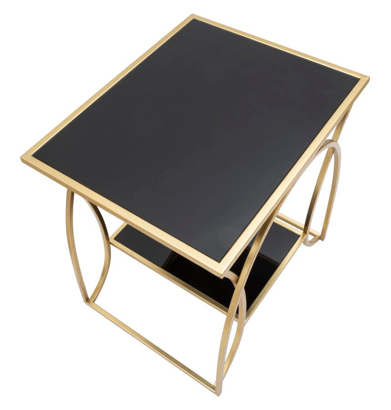 Tavolino da salotto basso design in metallo colore oro piano e ripiano in vetro nero cm 57x46x60h