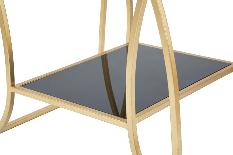Tavolino da salotto basso design in metallo colore oro piano e ripiano in vetro nero cm 57x46x60h