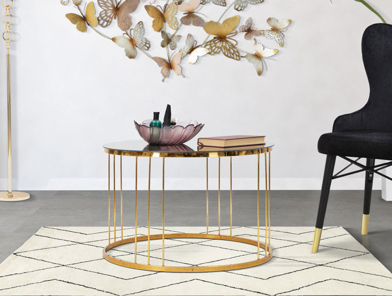 Tavolino da salotto basso tondo in metallo colore oro piano specchiato cm Ø 70x46h