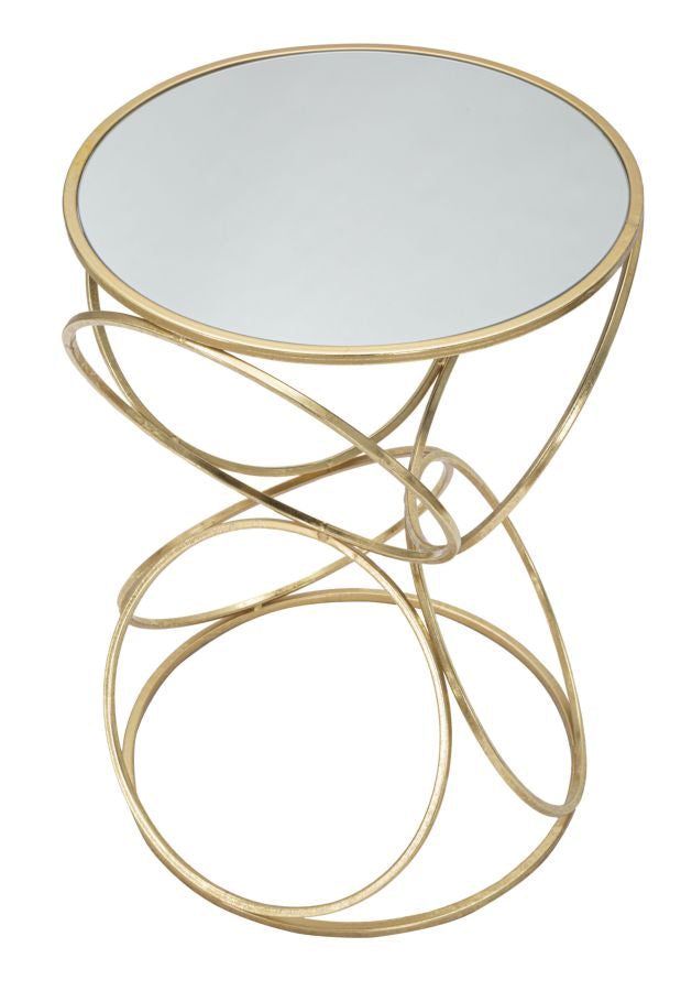 Tavolino tondo da salotto in metallo dorato piano con specchio cm Ø 42X61h