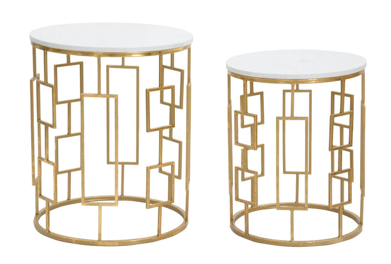 Set da 2 Tavolino rotondo in metallo dorato anticato piano effetto marmo