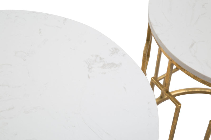 Set da 2 Tavolino rotondo in metallo dorato anticato piano effetto marmo